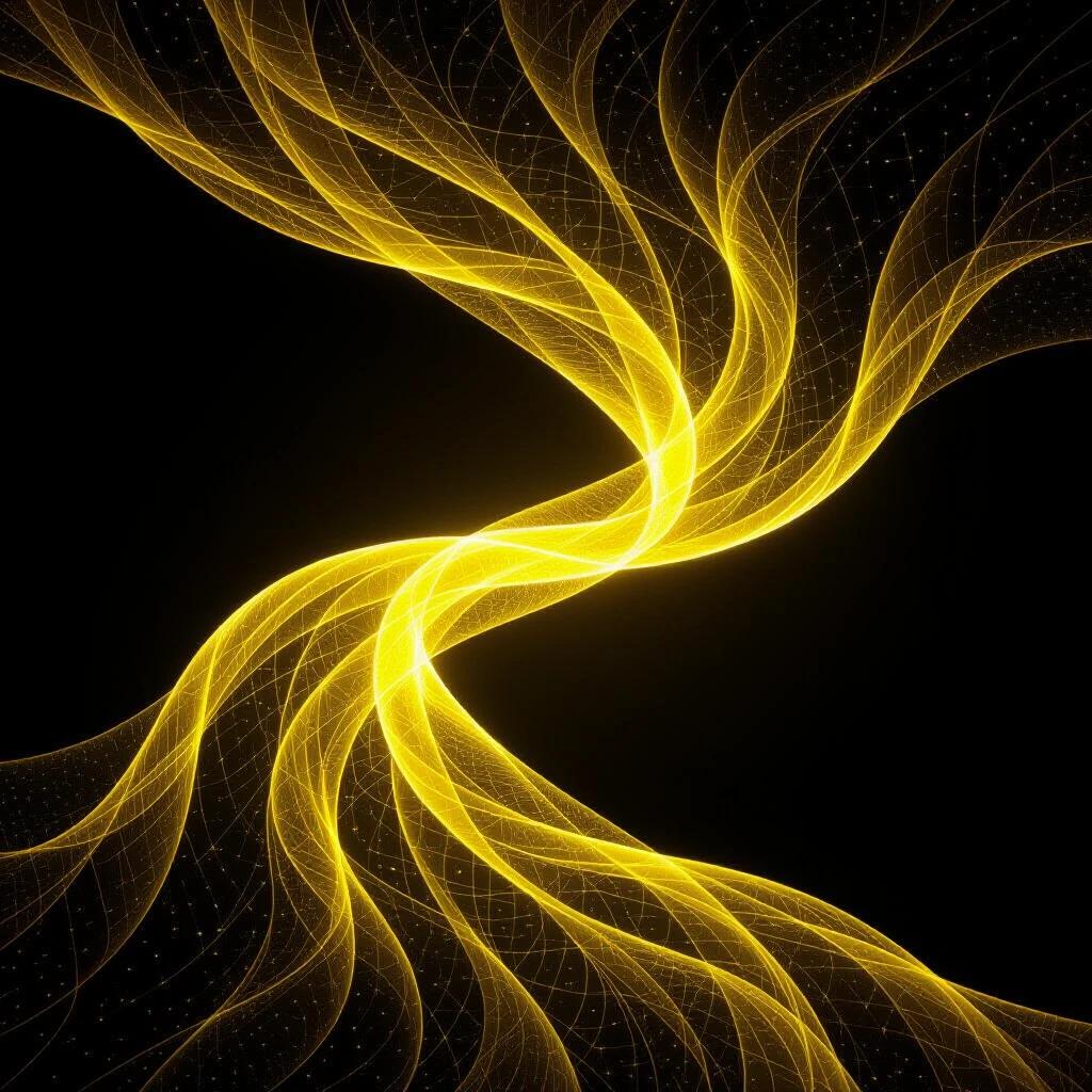 Glowing yellow slim thread of cloth with bending reality and gravity around it in abstract style.