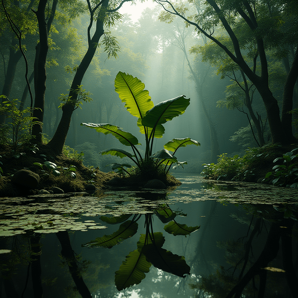 A lush, serene forest scene with a sunlit plant reflecting perfectly in a calm pond.