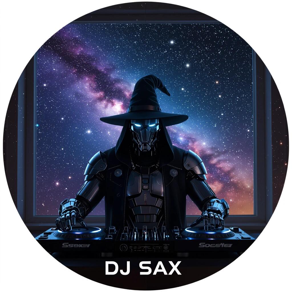 A night sky filled with a nebula is visible through a window. In the foreground, a dark cyborg resembling a wizard is positioned as a DJ. The cyborg has a long dark robe and a pointed hat. On the turntables is the text DJ SAX in small letters. No other text is present.