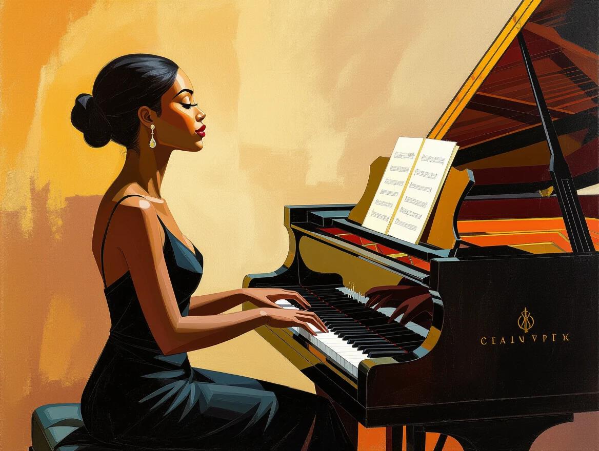Young woman wears flowing black dress. She plays a concert piano with elegant fingers. Her eyes gaze upward. Surrounding colors include deep emerald green and burnished gold. The style features impasto textures and emotive brushstrokes.