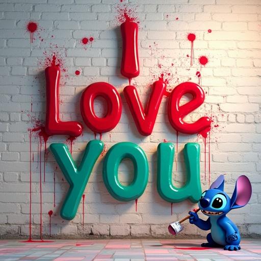 3D render of text saying I Love You in vibrant playful style. Letters in bold colors cascading down a white brick wall. Glossy paint effects with drips and splatters. Whimsical Stitch character holding a paintbrush. Background is softly blurred neutral gray. Warm diffused lighting highlighting text and character.