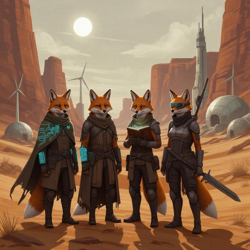 Illustration of four anthropomorphic foxes in a desert. Windswept landscape with cliffs. Foxes display distinct traits. One with glowing circuitry, one carrying a staff, another with a holobook, fourth in desert gear with a blade. Background features wind turbines and overgrown ruins. Painterly style with emotional brushwork and bold contrast. Muted colors evoke introspection.