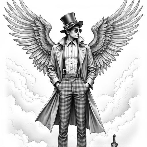 Detailed black and white line art illustration of a young man with angelic wings. He wears a top hat with goggles, sunglasses, a pinstriped shirt, suspenders, trench coat, and checkered trousers. He stands confidently with hands in pockets holding an ornate bottle. The background is a soft, cloudy sky. The style blends fantasy with Victorian aesthetics.