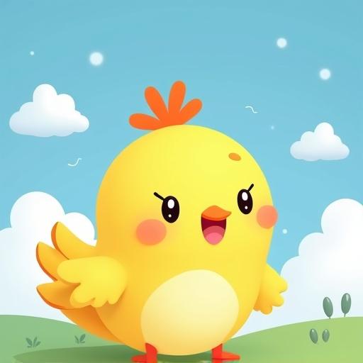 Cute yellow chicken in the sky with happy expression and fluffy wings.