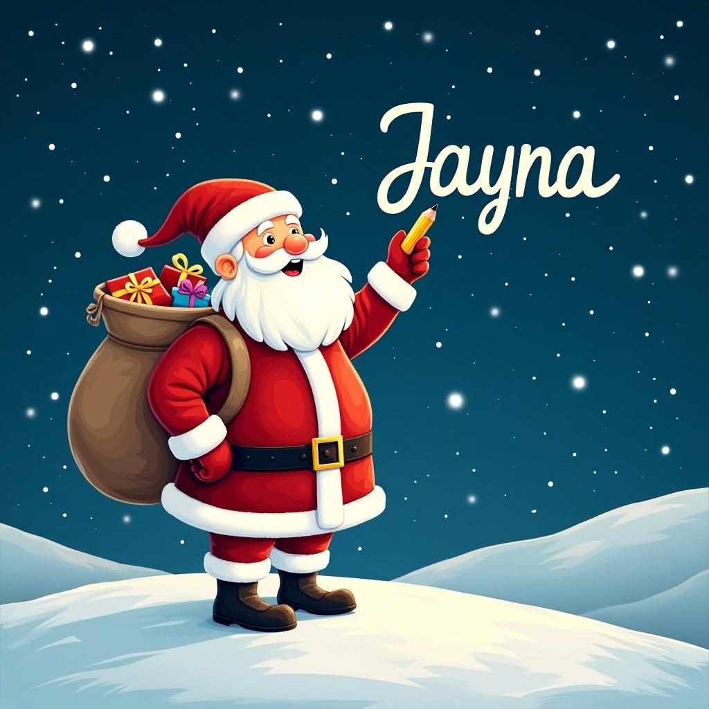 Santa Claus stands on a snowy hill under the starry night sky. He is writing the name 'Jayna' in the air with a pencil. Santa is wearing his traditional red and white outfit. A large sack filled with gifts is slung over his shoulder. The name is displayed in a whimsical font.