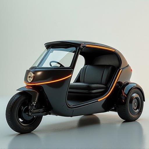 Futuristic design tuk tuk vehicle. Black body with orange accents. Modern interior with spacious seating. Innovative wheels and compact structure.