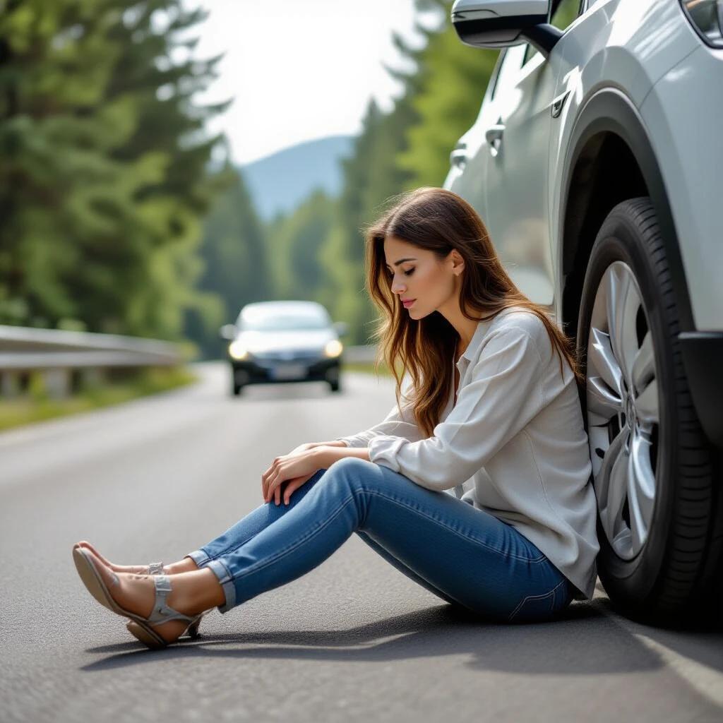Woman inspecting car while sitting beside it on the road. Woman's legs visible with toes pointed upwards. Vehicle is parked on the roadside surrounded by nature. Focus on the scene of roadside car inspection.