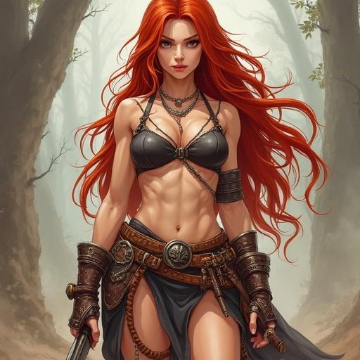 A muscular redheaded woman is standing confidently in the forest. She wears a wild and sexy warrior outfit. The background features trees and natural elements.
