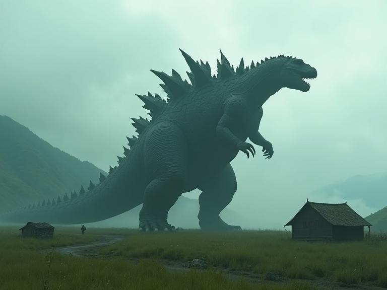 A huge dinosaur-like creature towers over a small village in a grassy landscape. The creature is dark grey with large, prominent dorsal spines. The scene is atmospheric with mountains in the background under a cloudy, foggy sky. Small figures are visible near the village, emphasizing the creature's massive size. The image has a realistic style with detailed textures and shadows, depicting a cinematic moment.