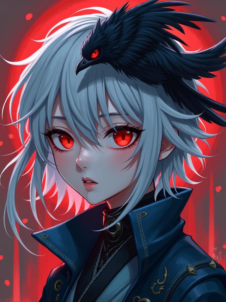 Close up image of a person with white cloud-like hair. A black bird sits on the head. The person is depicted as a dark arcanist. Red and blue color scheme are dominant. The art shows an avian-inspired character. The theme revolves around the personification of greed.