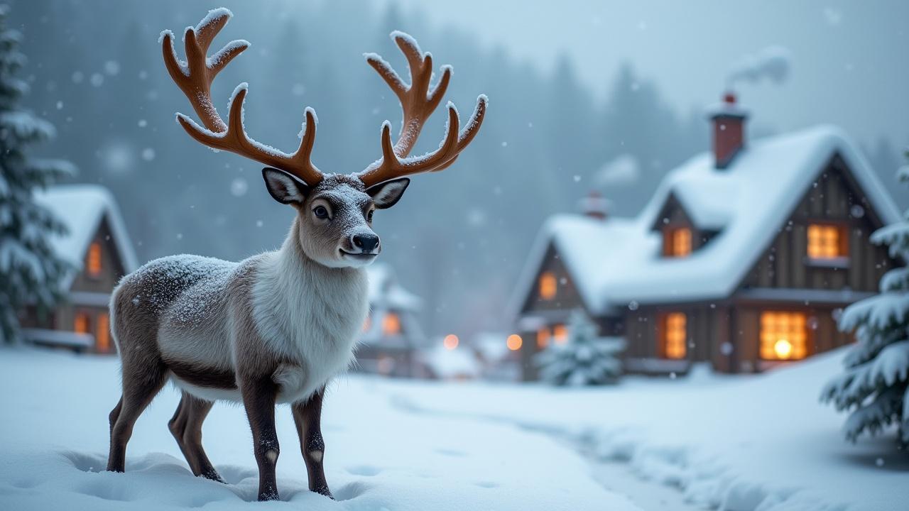 Realistic reindeer stands in a snowy landscape. Antlers showcased prominently. Soft snow falls, creating a wintery atmosphere. Nearby village with snow-covered houses in background. Light shines from windows, smoke rises from chimneys.