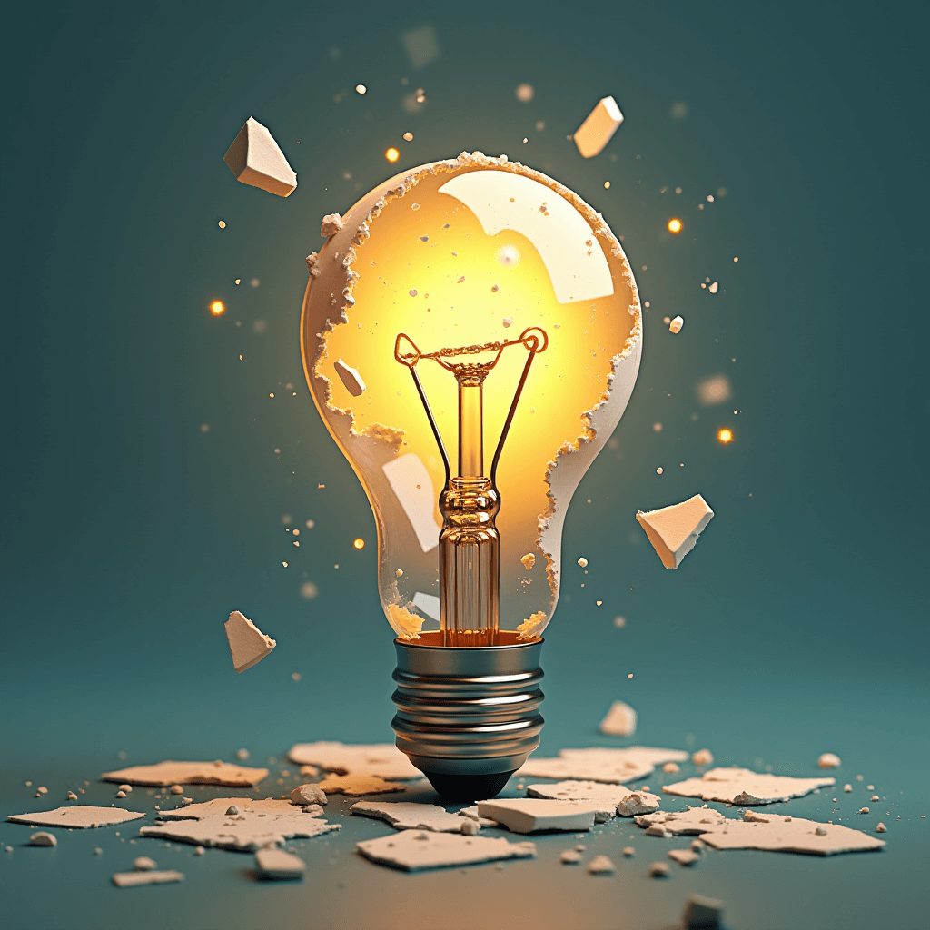 The image features a brightly lit light bulb, symbolizing an idea or innovation. The bulb appears to be in the process of shattering, with pieces of its glass casing flying around it. The background is a soft, muted blue, which contrasts with the glowing yellow light emanating from the bulb. This dynamic composition suggests the concept of breakthrough, where an idea bursts forth amidst the chaos of thought and creation. The shards and light together create a sense of energy and transformation.