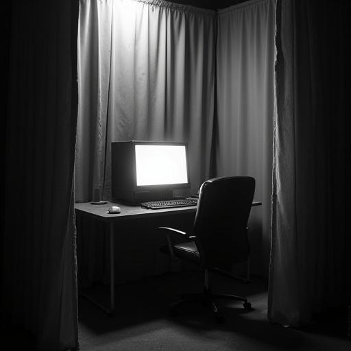Black and white photograph captures a mysterious scene. A computer setup is revealed through a curtain. Dusty air and grains give an eerie feel. The glowing screen lights up a tiny desk with an office chair and minimal accessories, creating a suspenseful atmosphere.