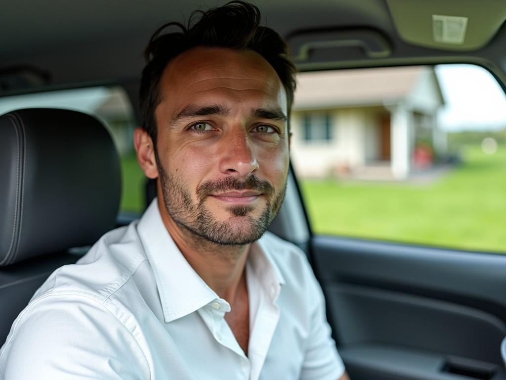 This man is sitting inside a vehicle, looking towards the camera. He is wearing a white shirt and appears to be in a casual pose. The interior of the car is visible around him, with some details of the scenery outside including a house and green grass. There is a sense of relaxed attitude in his expression. The focus is on his casual demeanor and the environment inside the car.