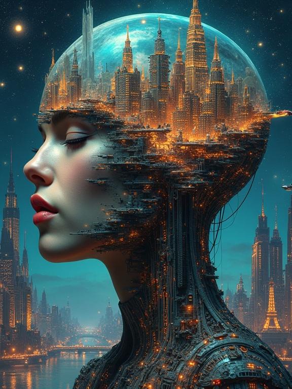 A futuristic city inside a woman's head. The image features intricate architecture and neon lights. Flying vehicles soar above. The artwork is styled in the manner of Salvador Dalí with high contrast and dramatic lighting.