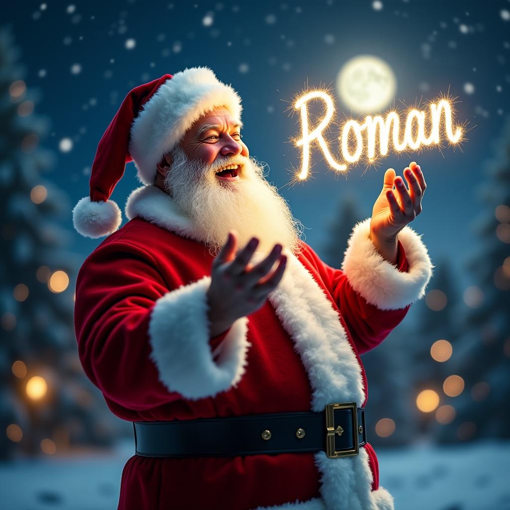 The image features a joyful Santa Claus in his classic red suit and fluffy white trim. He is standing against a magical night sky, with twinkling lights resembling stars in the background. In an enchanting display, he is writing the name 'Roman' in the air with sparkles. The scene is illuminated by a bright moon, adding to the festive ambiance. This artistic portrayal captures the spirit of Christmas and the joy of giving. It radiates warmth and happiness, embodying the essence of the holiday season.