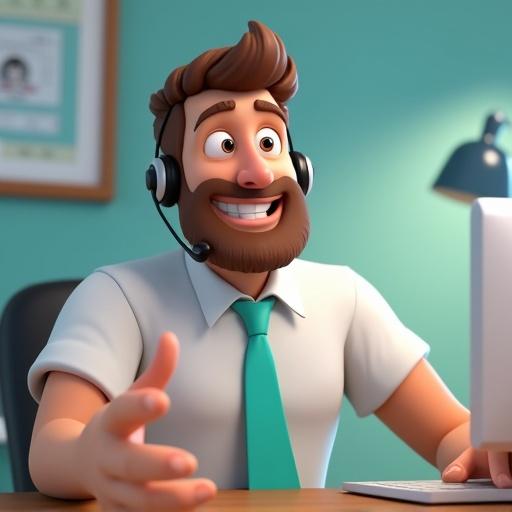 A 3D animated character representing customer service. Character has a smile, relaxed expression, wearing a turquoise tie and white shirt. Headset on, gesturing as if explaining to a caller. Style inspired by Disney Pixar.