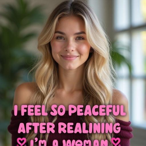 Professional portrait photograph of a young woman with long wavy blonde hair. She wears a burgundy off-shoulder top. Shot in medium close-up with natural front lighting. Text overlay in pink reads I FEEL SO PEACEFUL AFTER REALIZING I'M A WOMAN. Subject smiles serenely and looks at the camera against a softly blurred background.