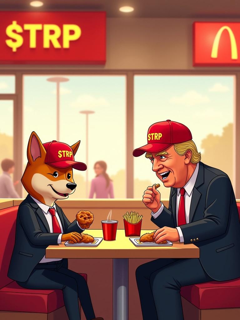 Scene in a vibrant McDonald's restaurant with a fast-food atmosphere. Shiba Inu character in a suit with a 'STRP' hat is eating chicken and fries. Engaging conversation with another person in a formal outfit also wearing a 'STRP' hat. Bright lighting and playful energy in the restaurant.