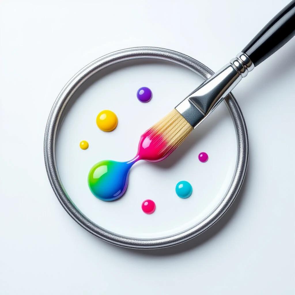 Circular arrangement featuring a silver brush with colorful paint. Focus on a large rainbow paint droplet on the brush tip. Five smaller splashes in cyan, yellow, purple, pink, turquoise scatter around. Background is clean and white with minimal elements. Macro photography showcases soft shadows and emphasis on vibrant colors.