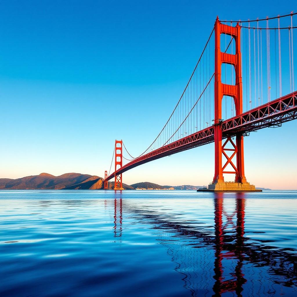 Scenic view of Golden Gate Bridge stretching over tranquil water under clear blue sky. Red suspension bridge stands out against blue backdrop. Calm water reflects bridge and sky. Morning atmosphere enhances beauty and clarity.