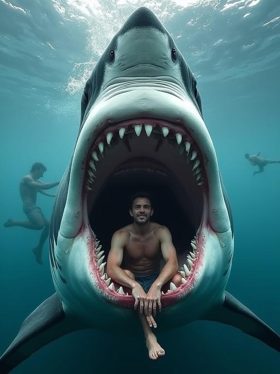 A calm man sits inside the mouth of a giant great white shark. Another man interacts with him partially outside the shark's mouth. The water is clear and brightly lit, showcasing the shark's size and teeth. The scene is dramatic and surreal.