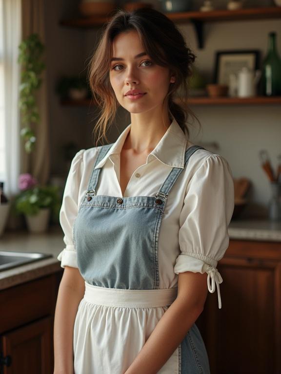 A woman in a kitchen wearing a denim apron over a shirt. Natural light illuminates her beautiful face. Warm and inviting atmosphere.