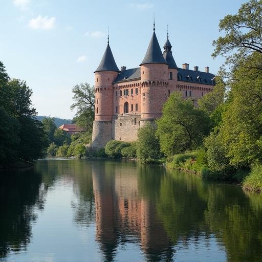 View of Rheinstein Castle from the river. The castle is surrounded by trees and reflects in the water. Clear blue sky and serene atmosphere.