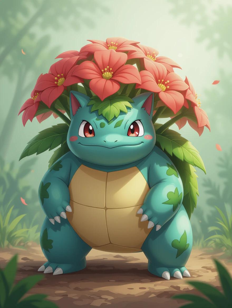 Realistic illustration of Venusaur standing tall vibrant flowers on its back tropical background