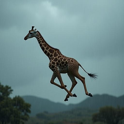 Giraffe depicted in mid-air against a rainy sky. Ominous gray clouds loom overhead. The scene illustrates a whimsical and fantastical idea.