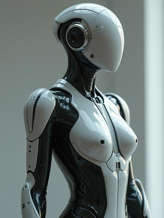 Ultra hyperrealistic futuristic sci-fi character portrait in form-fitting bodysuit. Depicts a humanoid robot with a smooth, sleek design in a modern setting.