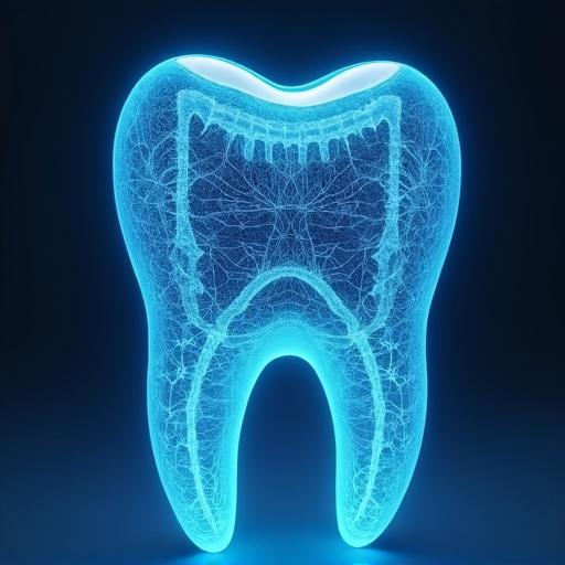 A glowing electronic representation of a tooth with intricate details. The design appears as a hologram with a blue luminous effect. It shows the inner structure of the tooth in a transparent, futuristic style.