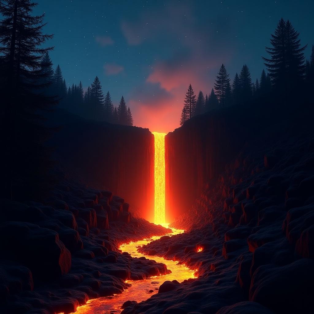 Glowing cylinder of lava flows from night sky through hilly forest landscape. Surroundings illuminated with bright orange light.