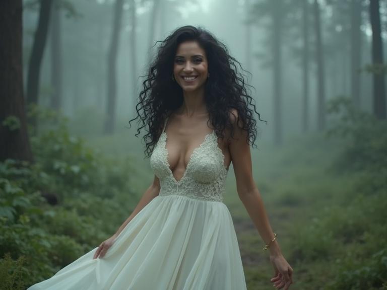 Mature woman with curly hair wears a white gown. She dances joyfully in a misty forest. The atmosphere is calm and enchanting.