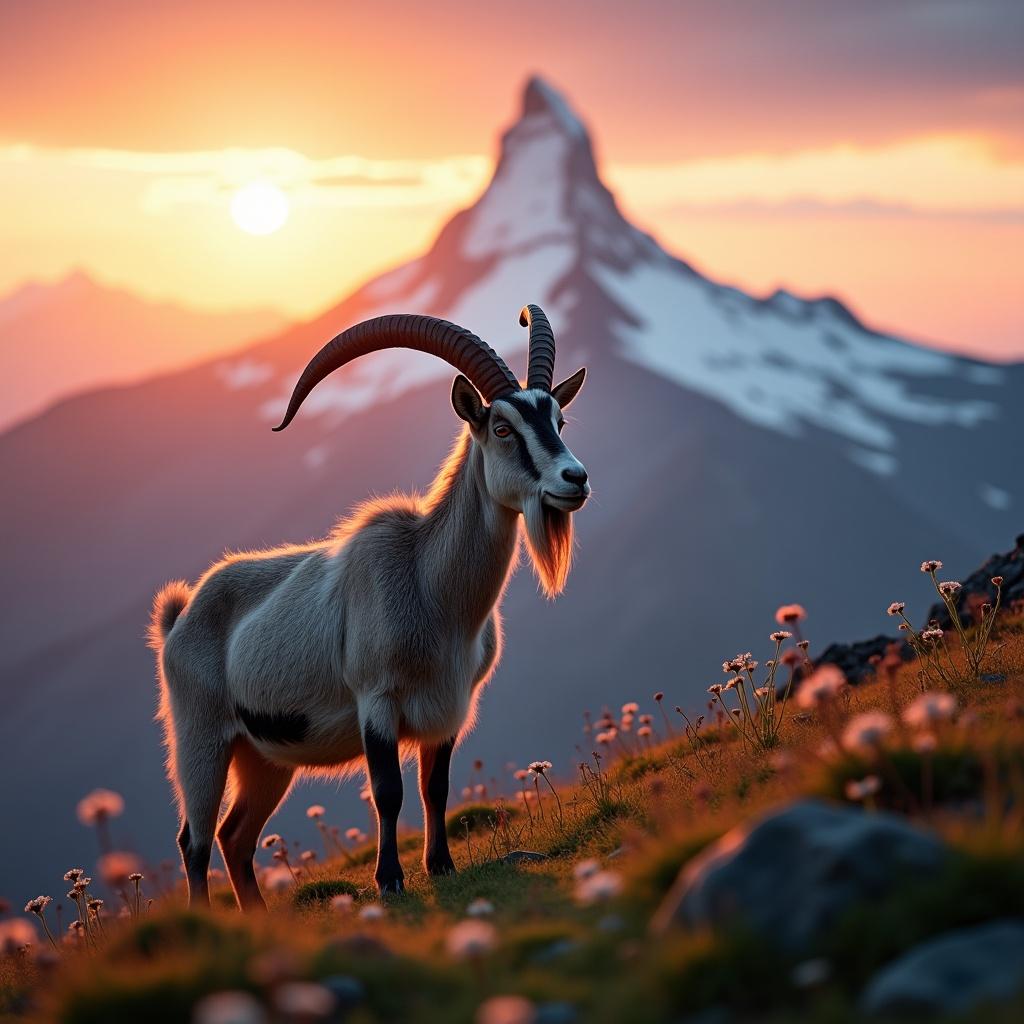 A mountain landscape with a goat in the foreground. The goat has prominent curved horns. The setting sun casts warm colors over the scene. Snow-capped mountain peak in the background. Grassy slope dotted with flowers. Sky is painted in orange and pink hues.