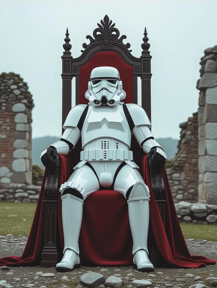 A Stormtrooper in a king's throne. Surrounded by ancient ruins. Extremely realistic style.
