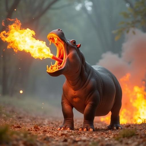 A hippopotamus that breathes fire designed in a whimsical Kinder Surprise style, set in a forest environment with dramatic lighting and vibrant colors.
