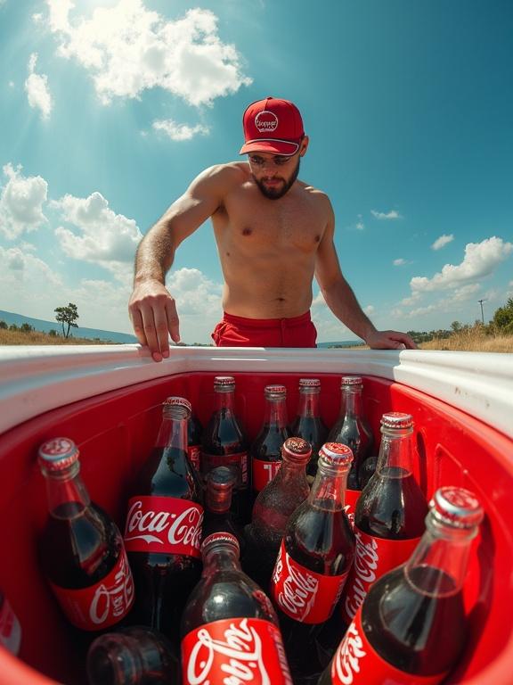 Image featuring a cooler filled with Coca-Cola bottles. A man in summer attire is reaching into the cooler. The sky above is clear with a few clouds. Bright summer lighting fills the scene. The perspective is dramatic with an ultra wide-angle effect.