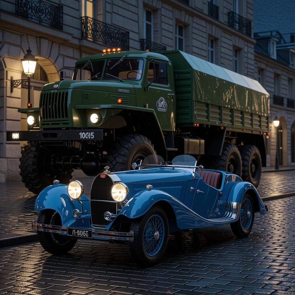 A photorealistic image showcasing a Bugatti Type 35 in French Racing Blue parked at night. A colossal Soviet military truck stands 50 cm behind it, with vivid blue headlights on, creating optical illusions on rain-slicked cobblestones. The scene captures the contrast between the classic and the military vehicle under dramatic lighting.