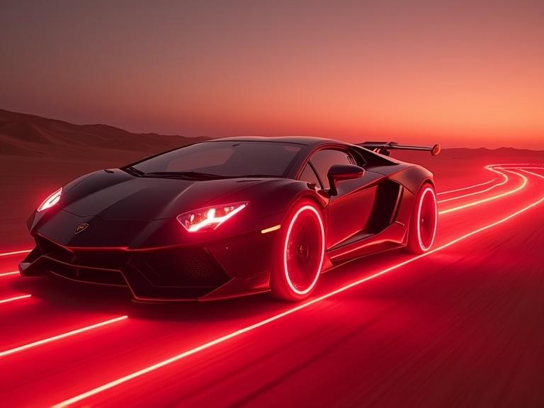 Futuristic Lamborghini with laser light wheel rims in the desert. Car moves at speed leaving a long laser light trail. Vibrant red light and Tron Ares style.