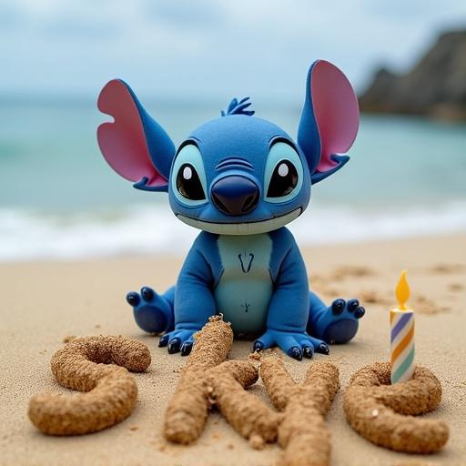 Stitch character on the beach. Birthday cake made of sand. Writing 'Skye is 5' in the sand.