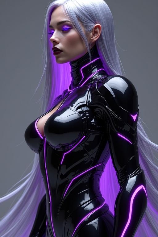 A robot character with armor that is glossy black featuring glowing violet accents. She stands at a height of approximately 8 meters, exhibiting a commanding presence. The character has long metallic hair similar to a KDA style flowing down her back. Feminine facial features include full lips and a regal nose, set against a white background. The eyes glow violet, conveying warmth and intensity.