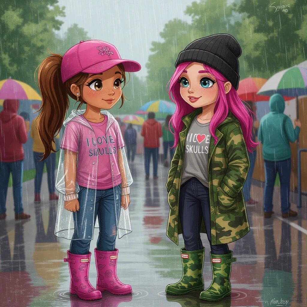 Cartoon girls at music festival in rain. Characters have vibrant clothes and rain gear. One girl has pink hair and wears a skull shirt; the other has dark blonde hair with a ponytail and camouflage outfit. Scene depicts them waiting in line. Overcast and rainy atmosphere.