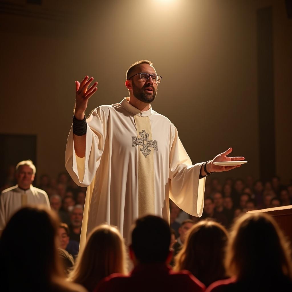 Preacher wearing a white robe raises offering plates at the altar during a church service.