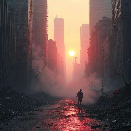 Desolation in a ruined city with broken skyscrapers and debris. Faint smoke fills the air. Cherry blossoms gently fall. Subtle traces of blood on the ground. Cinematic lighting with a soft haze. Quiet post-apocalyptic atmosphere at sunset.