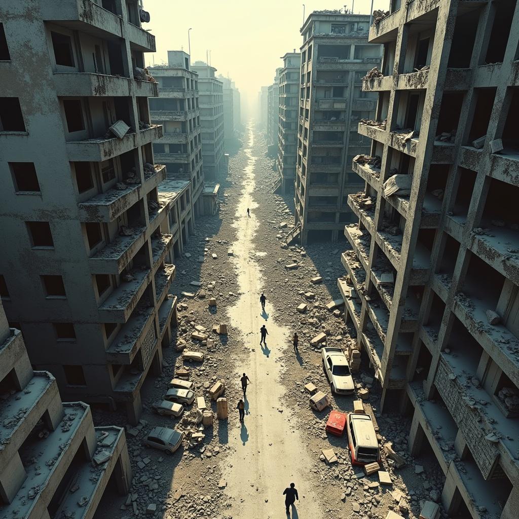 The image depicts a bird's-eye view of a city block laid waste by war or a natural disaster. Crumbling buildings line the streets, and debris is scattered everywhere. A grid overlay adds a touch of structure to the chaos. The scene is illuminated by harsh sunlight, casting long shadows. A few silhouetted figures traverse the desolate terrain, illustrating the remnants of life in this barren landscape. The overall tone embodies a sense of despair and abandonment.