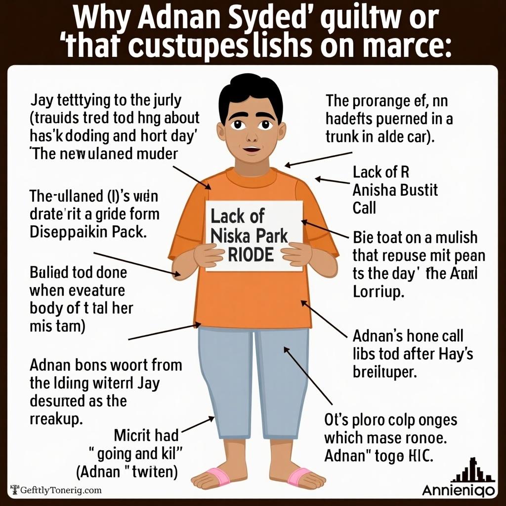 Illustration covers why Adnan Syed was guilty of Hae Min Lee's murder. Includes evidence like phone records near crime scene, call to Nisha, witness testimony from Jay, lack of alibi, and behavioral changes. Shows how these elements connect to guilt.