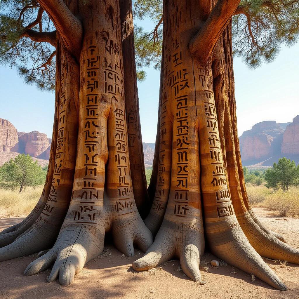 Cedar trees with trunks carved featuring weathered cuneiform symbols. Ultra-detailed depiction against a natural background. Ideal for AI video tools.