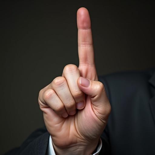 Extreme closeup of a stubby finger raised to emphasize a point. Visible skin texture with flaky hair.