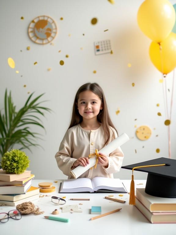 Stylish graduation celebration scene with a clean modern table. Table features stacked books and an open notebook. Scattered pencils and pens are present. Includes a pair of glasses and sticky notes. A paper scroll is also in view. Green flower symbolizes energy and freshness. A black graduation cap with a golden tassel is placed on the table. A rolled diploma tied with ribbon is held by a child. Soft golden confetti floats in the air. Balloons are present in the background. Warm natural lighting creates a pleasant atmosphere. Minimal academic icons like a globe and calculator can be seen in the background. Clean white and pastel background enhances the scene.